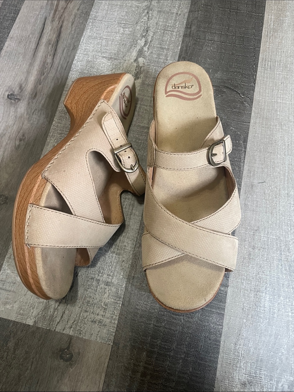 Dansko Women's Sela Neutral Beige Crossover Buckle Clog Sandals